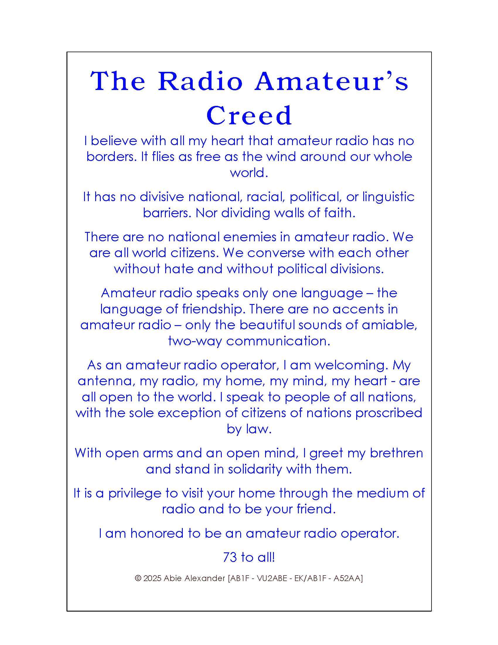 The Radio Amateur’s Creed – Abie Alexander – AA Books